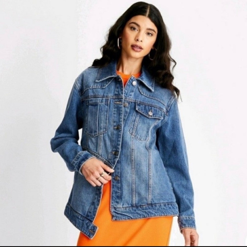 NWT Future Collective Kahlana Barfield Brown Women's Asymmetrical Jean Jacket XL